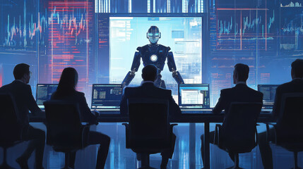 Poster - Futuristic office meeting with ai robot leader presenting data analysis to diverse business team in high-tech workspace