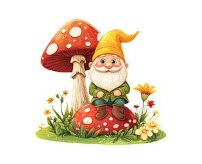 Cheerful Gnome Sitting by Colorful Mushroom