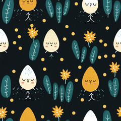 A black and yellow pattern of cartoon characters with flowers and leaves