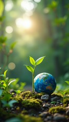 Wall Mural - A small plant sprouting from the earth, with the globe in the background