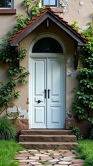  A charming white door with a rustic red roof and a stone pathway leading to it