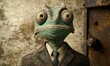 © Resni AI - Chameleon in suit, grungy backdrop, rusty door, mysterious vibe, ideal for surreal concepts