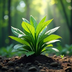 Poster - A young plant sprouts from the earth, its leaves reaching for the sun