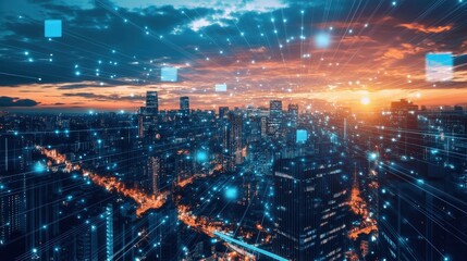 Poster - Futuristic Cityscape with Digital Network and Sunset over Skyline