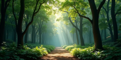 Wall Mural - A serene forest scene with a dirt path and lush greenery