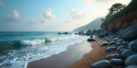 Wall Mural - A serene beach scene with large rocks and gentle waves