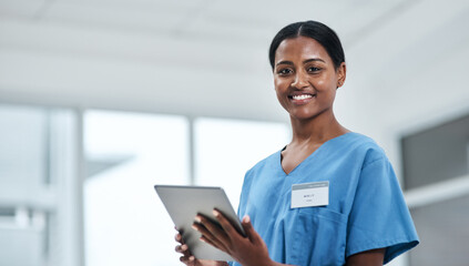 Wall Mural - Portrait, woman and nurse on tablet at hospital of healthcare services, medical report and diagnosis. Smile, person and digital with online results, surgery schedule and treatment research of health