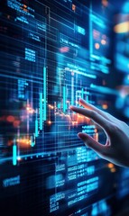 Fototapete - Hand analyzes glowing financial charts and data on interactive digital screen