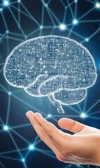 Fototapete - Hand holding digital brain with circuit board pattern on blue network background, ideal for tech concepts