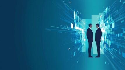 Aufkleber - Digital Business Communication: Two Businessmen Conversing in a Futuristic Data Corridor