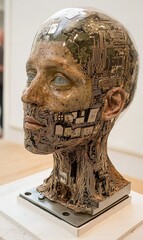 Fototapete - Sculpture of human head with circuit board components inside, displayed in gallery, exploring technology's impact on humanity