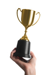 Wall Mural - woman holding golden trophy on white background, closeup