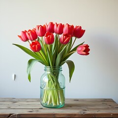 Poster - A bouquet of vibrant red tulips in a clear vase, adding a pop of color to any room