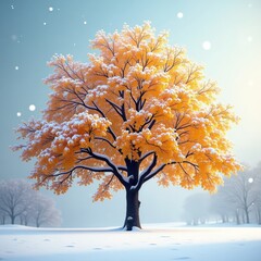 Poster - A majestic tree stands tall in the snow, its branches adorned with golden leaves