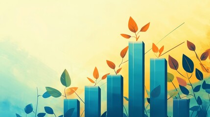 Poster - Abstract Growth Chart with Autumn Leaves and Teal Bars