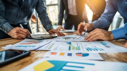 Poster - Teamwork and Financial Analysis: Businesspeople Collaborate on Charts and Graphs