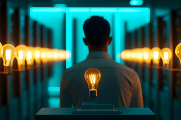 Poster - A solitary figure stands before a glowing light bulb, surrounded by a series of illuminated lights in a modern, atmospheric setting.