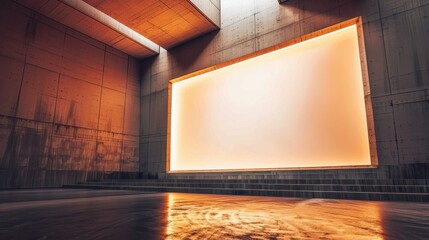 Poster - modern interior space with large illuminated screen, featuring concrete walls and warm lighting, cre