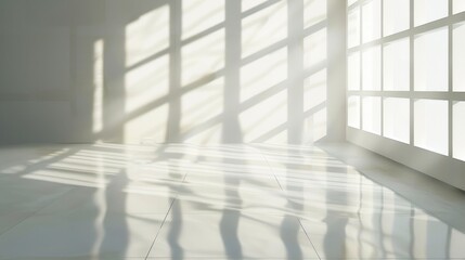 Wall Mural - Bright and airy interior space with soft shadows from large windows, creating serene atmosphere. Ideal for modern design concepts and minimalistic decor