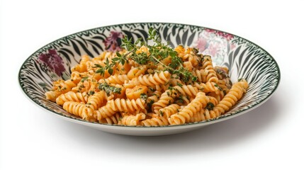 Wall Mural - A plate of delicious pasta with a creamy tomato sauce, garnished with fresh herbs.