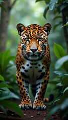 Canvas Print - A majestic leopard, its golden fur adorned with black spots, stalks through the forest with stealth and grace