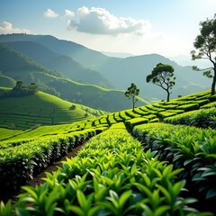 Sticker - A lush green tea plantation in the mountains, with rolling hills and a blue sky