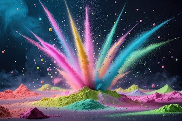 neon particles and chalk powder creating a surreal explosion effect