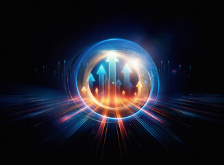 Aufkleber - Glowing orb of energy with upward-pointing arrows, symbolizing growth, progress, and technological advancement within a dark, futuristic space.  Lines of light radiate outward.