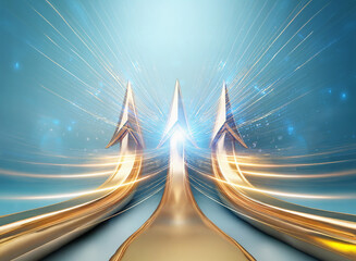 Poster - Three golden arrows converge towards a bright light, symbolizing growth, progress, and a bright future.  Dynamic light trails suggest rapid ascent and achievement.