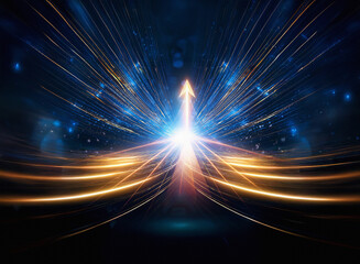 Poster - Abstract image depicting an upward-pointing arrow formed by converging streaks of light, suggesting growth, progress, and success.  The dark background emphasizes the luminous arrow.