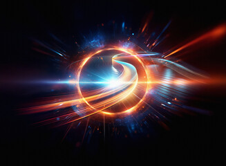 Aufkleber - Intense energy swirls within a luminous ring, radiating vibrant orange and blue light streaks against a dark backdrop.  The dynamic composition evokes feelings of speed and power.