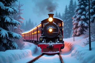 a vintage red train chugs along a snowy railway, its lights aglow in a serene winter wonderland
