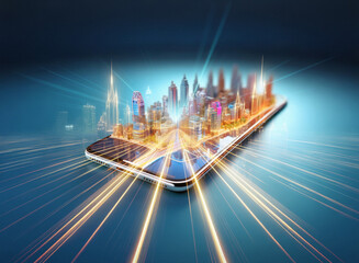 Poster - A vibrant cityscape, miniature and detailed, sits atop a sleek smartphone, radiating streaks of light suggesting speed and connectivity.  This symbolizes the global reach of modern technology.