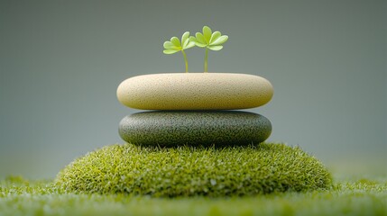 Poster - Two sprouts on balanced stones, moss, growth