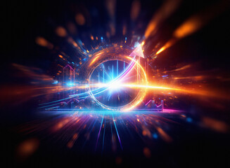 Poster - Dynamic glowing ring with upward trending graph, symbolizing growth, progress, and technological advancement in a futuristic, energetic setting.  Light streaks radiate outward, creating a sense of spe
