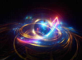 Poster - Abstract image depicting upward financial growth.  Vibrant, glowing lines swirl around a rising arrow and bar graph, suggesting progress and positive momentum.