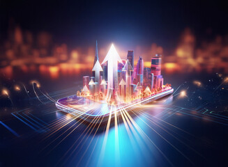 Aufkleber - A futuristic cityscape thrives on a smartphone, symbolized by upward-pointing arrows, representing growth and technological advancement in urban development.