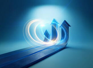 Aufkleber - three glowing blue arrows ascend a path, symbolizing growth and progress. surrounding them is a radi