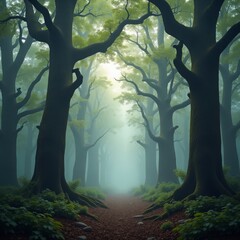 Sticker - A serene and mystical forest with towering trees and a misty atmosphere