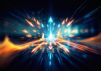 Leinwandbilder - Golden bars rise on a digital landscape, a bright line cuts through the foreground.