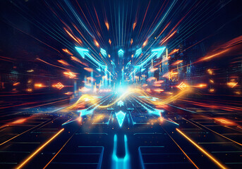 Poster - Abstract digital landscape with glowing blue and yellow lights.