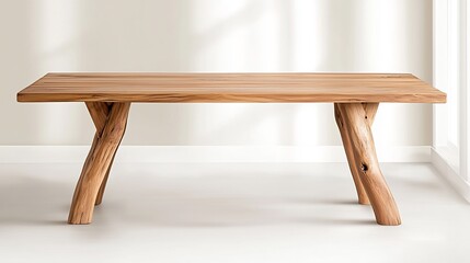 Sticker - Rustic wooden table with unique leg design in a bright, minimalist interior setting