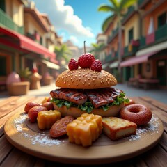 Poster - A burger with fruit toppings on a wooden plate