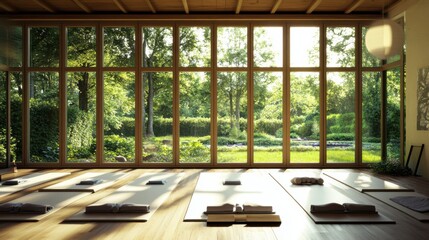 Wall Mural - A serene yoga studio with mats laid out and large windows overlooking a peaceful garden, Yoga studio scene, Tranquil wellness style