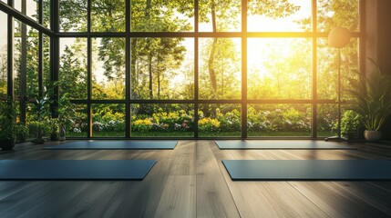 Wall Mural - A serene yoga studio with mats laid out and large windows overlooking a peaceful garden, Yoga studio scene, Tranquil wellness style