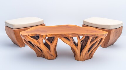 Sticker - Unique wooden furniture set featuring an artistic coffee table and matching stools in a minimalist setting