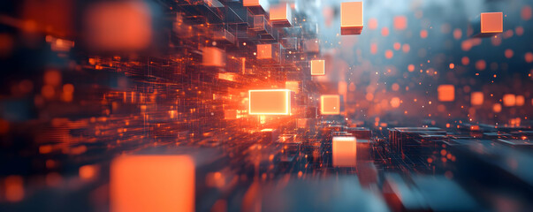 Poster - Abstract digital landscape with glowing cubes and particles creating depth