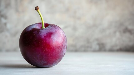 Wall Mural - Single ripe plum rests softly on white surface subtly lit. AI Generated