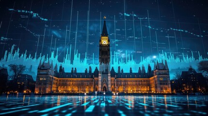 Poster - Digital charts rise in front of a stately parliament building, showcasing the intersection of technology, economics, and politics.