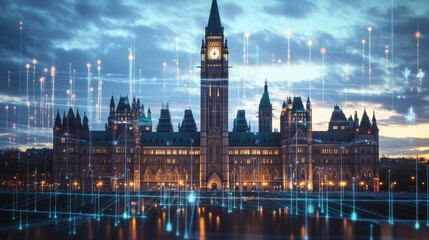 Poster - Digital charts rise in front of a stately parliament building, showcasing the intersection of technology, economics, and politics.